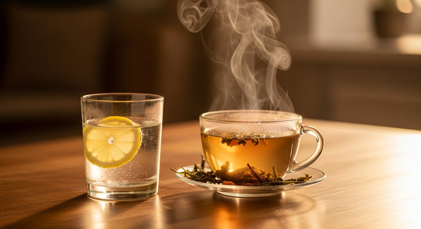 Glas water met citroen naast een kopje kruidenthee op een rustige avondtafel