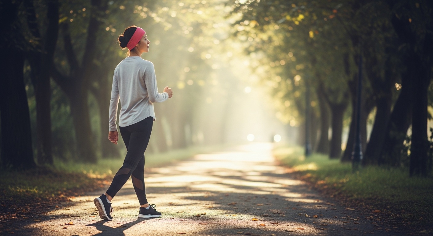 Persoon die buiten wandelt in ochtendlicht langs een rustig pad