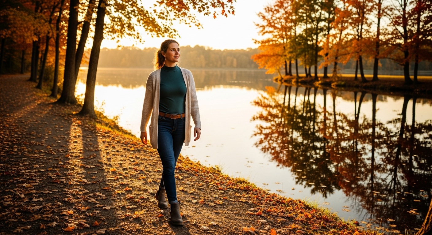 Vrouw die zelfverzekerd wandelt langs een rustig meer bij zonsondergang