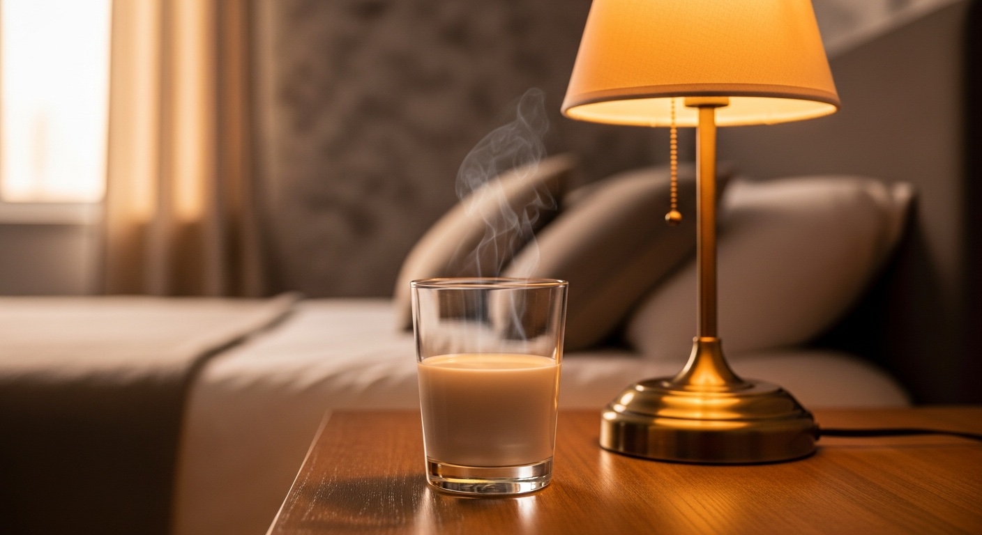 Glas melk op een nachtkastje naast een bed in schemerlicht