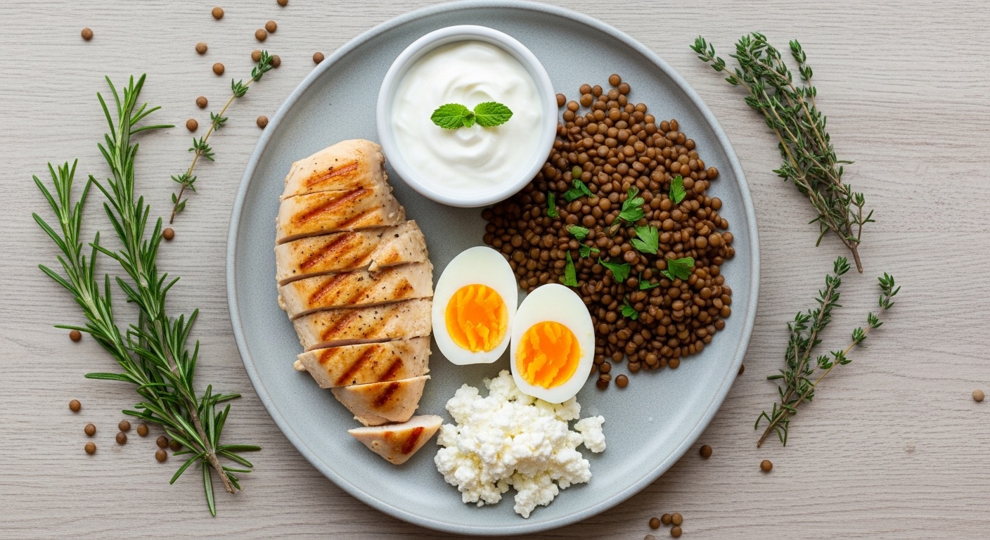 Eiwitrijke maaltijd met kip, eieren, yoghurt en linzen op een houten tafel