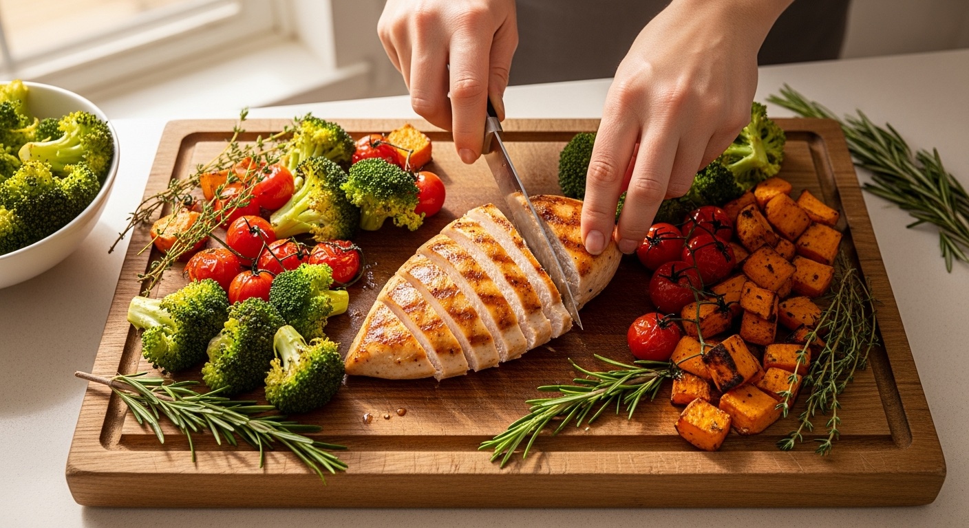 Verzadigende maaltijd met eiwit en groenten op een keukentafel