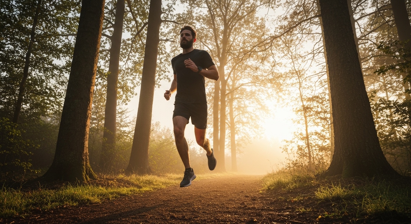 Hardloper bij zonsopgang op een mistig bospad