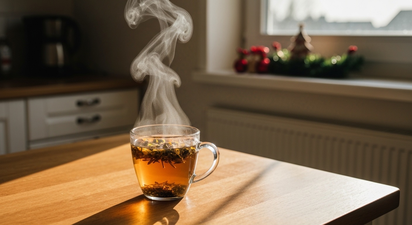Kop kruidenthee op keukentafel in zacht ochtendlicht met feestversiering op de achtergrond