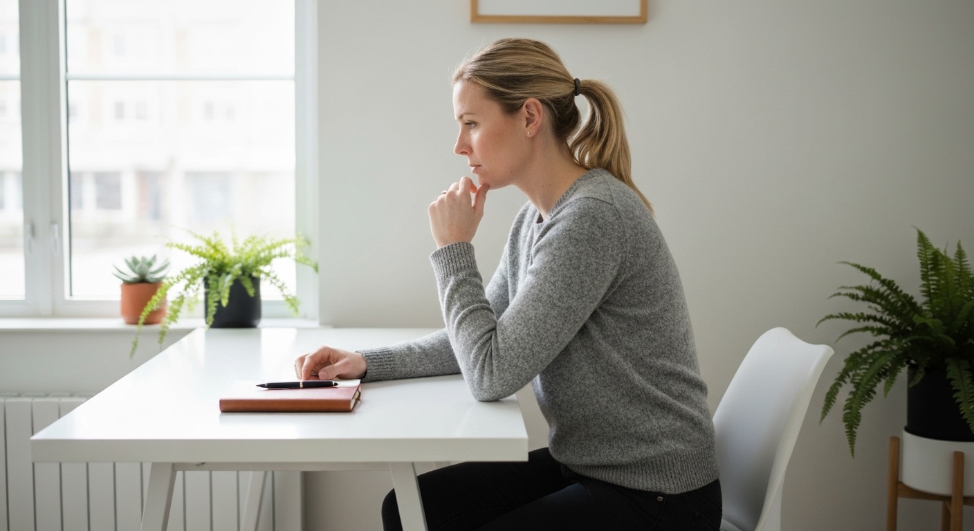 Persoon aan een opgeruimd bureau verdiept in geconcentreerd werk bij daglicht