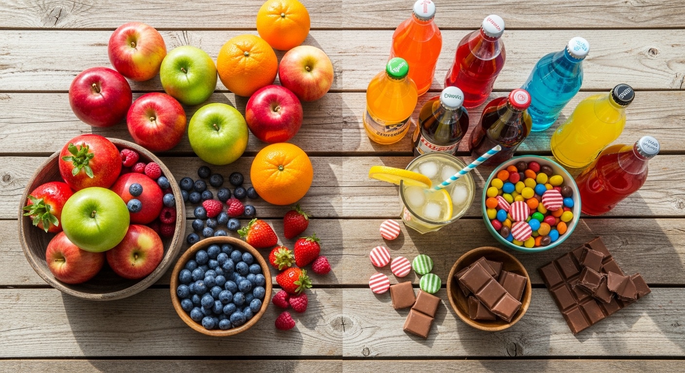 Vers fruit op een houten tafel naast een glas water met citroen