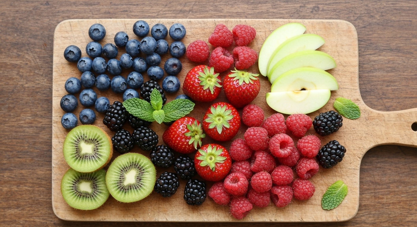 Kleurrijke bessen en laagsuikerfruit op een houten plank van bovenaf