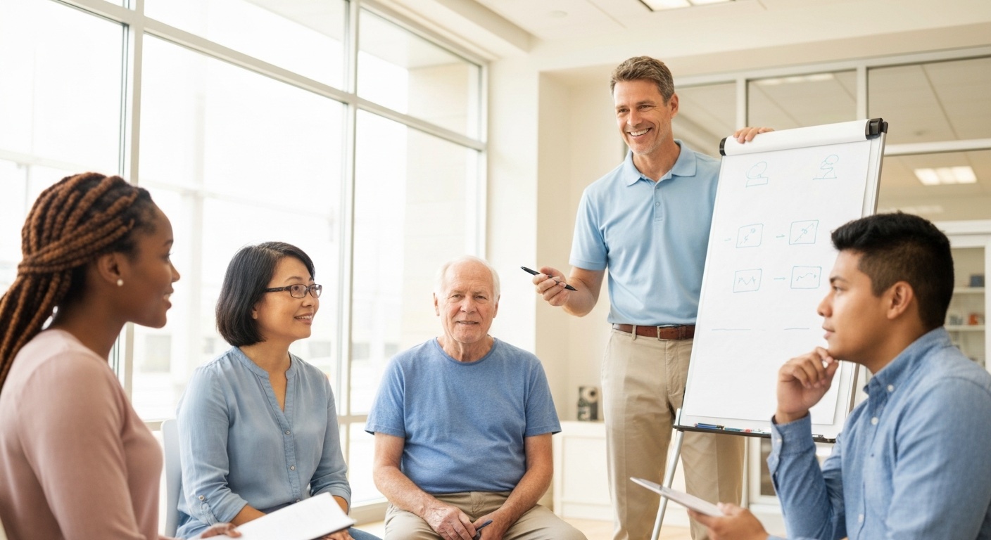 Groepscoaching sessie in een licht gezondheidscentrum