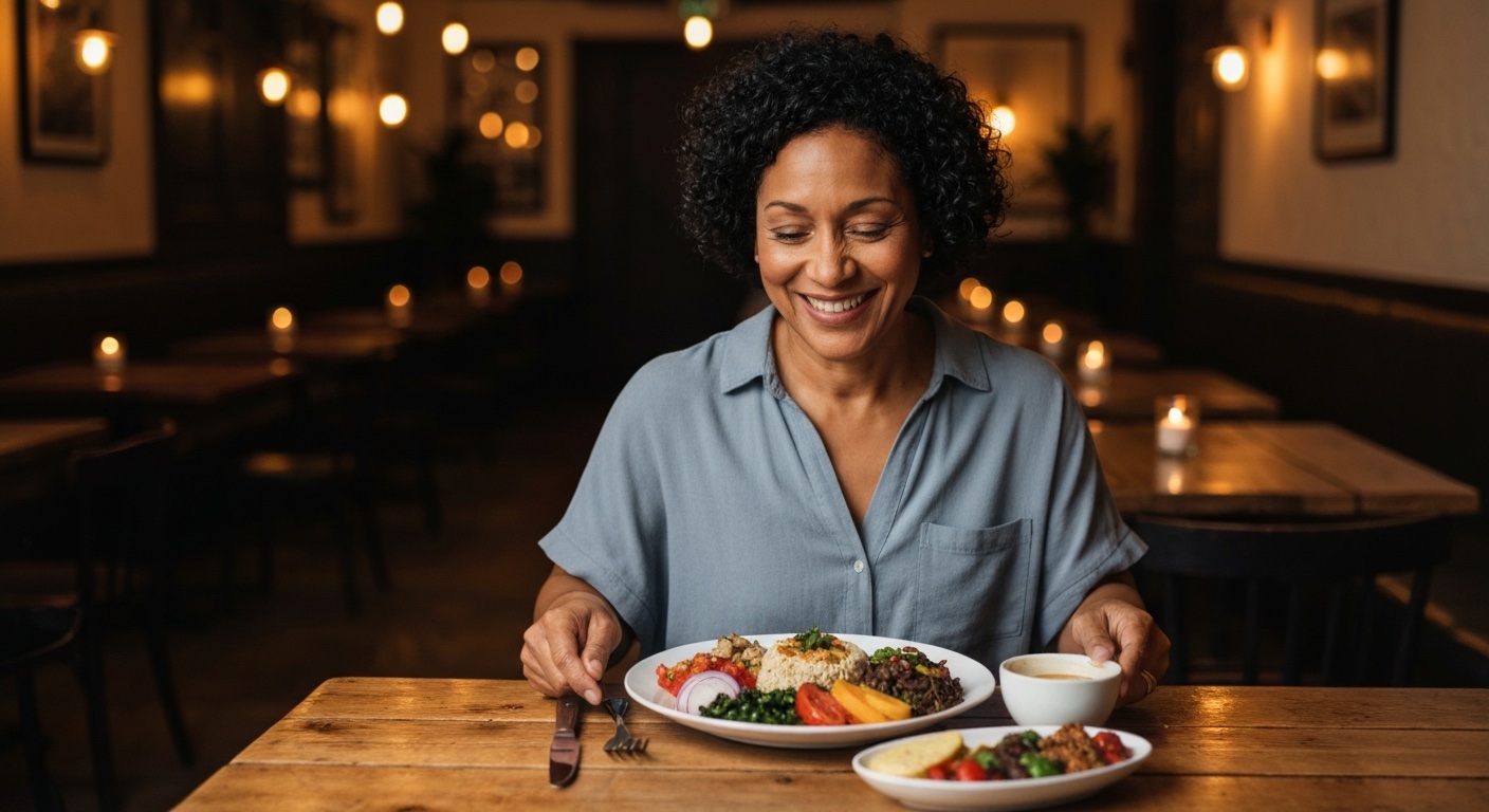 Persoon die geniet van een kleurrijke maaltijd met een tevreden verzadigd gevoel