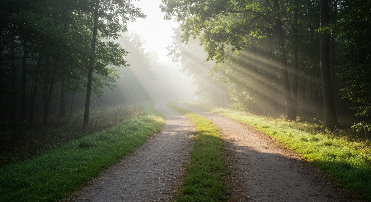 Bospad dat splitst in twee richtingen in ochtendmist