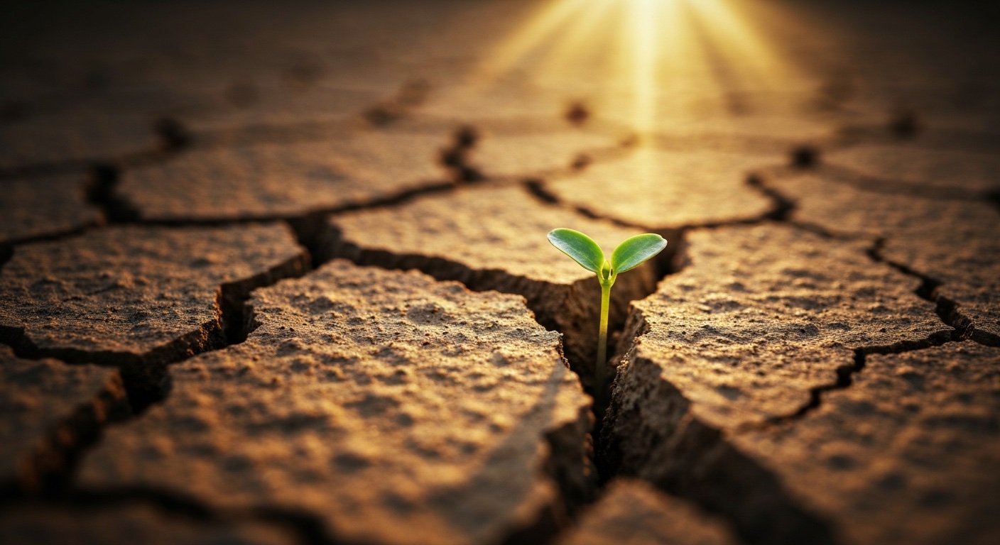 Klein groen plantje dat door droge aarde groeit in een zonnestraal