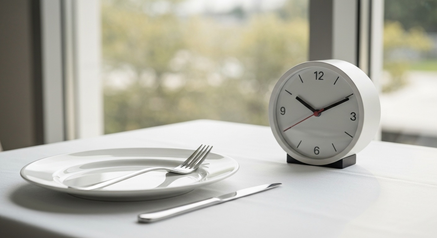 Leeg bord met vork op een wit tafelkleed naast een klok die twaalf uur aanwijst