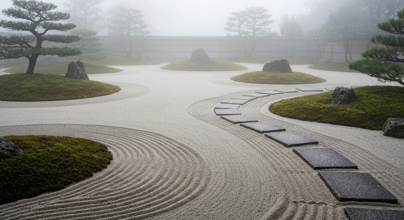 Serene Japanse zentuin met geharkt zand en bemoste rotsen in ochtendmist