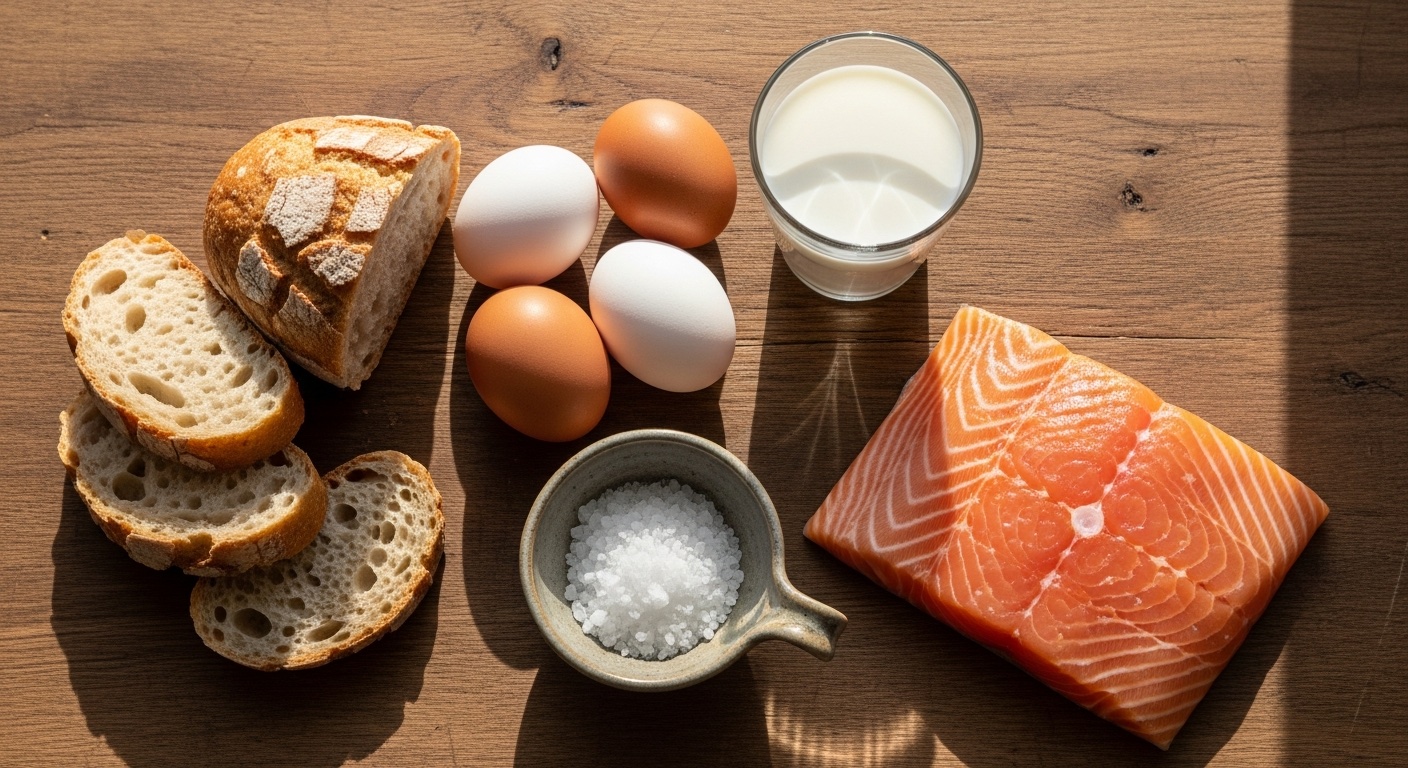 Brood, zuivel, eieren en vis op een keukentafel als natuurlijke jodiumbronnen