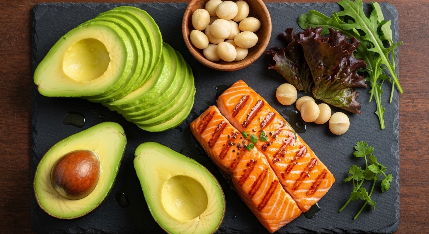 Ketogene maaltijd met avocado, zalm, olijfolie en bladgroenten op een leisteen bord