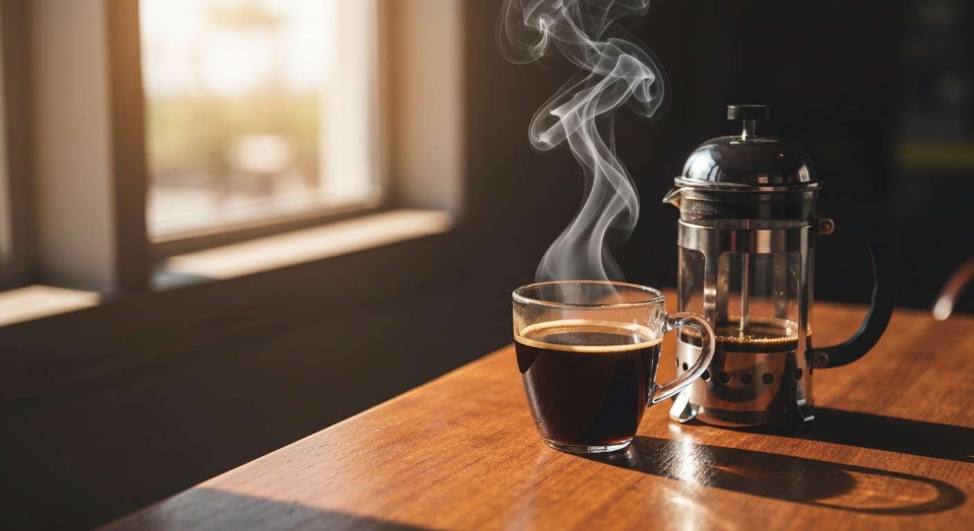 Dampende kop zwarte koffie naast een French press in ochtendzonlicht