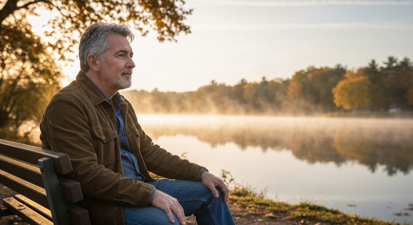 Man op een parkbank in de herfst die uitkijkt over een meer met ochtendmist
