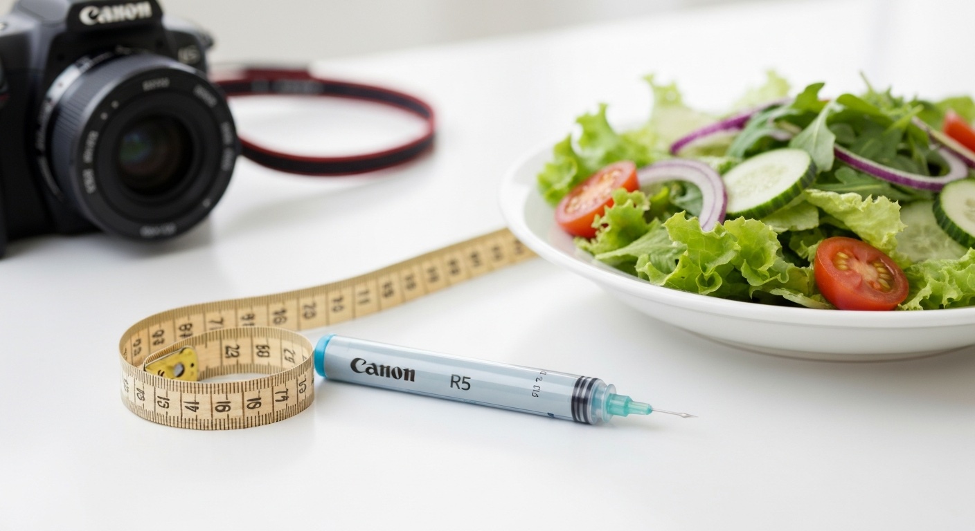 Injectiepen naast een meetlint en gezonde salade op een wit oppervlak