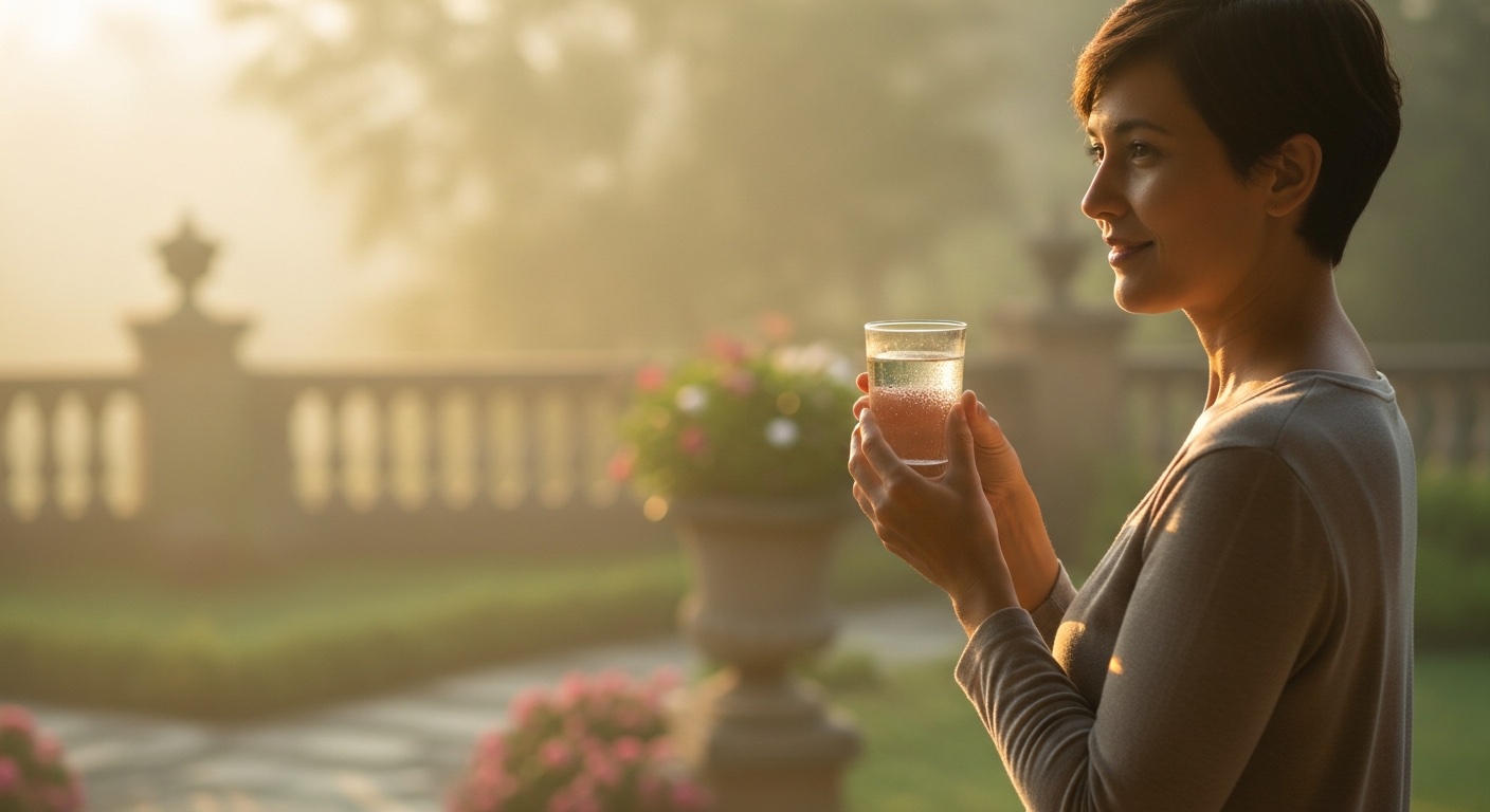 Persoon die buiten staat in zacht ochtendlicht met een glas water in de hand