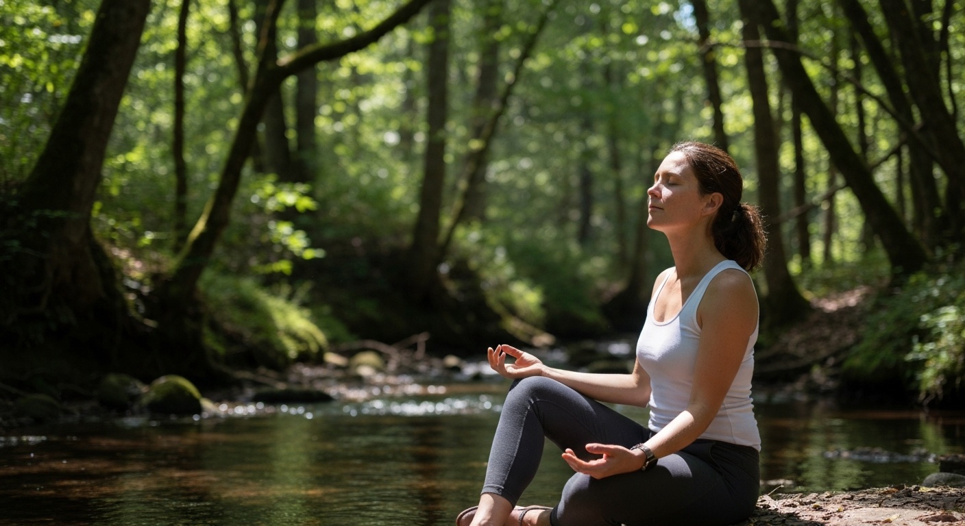 Persoon zittend bij een stille bosbeek met gesloten ogen op zoek naar stilte