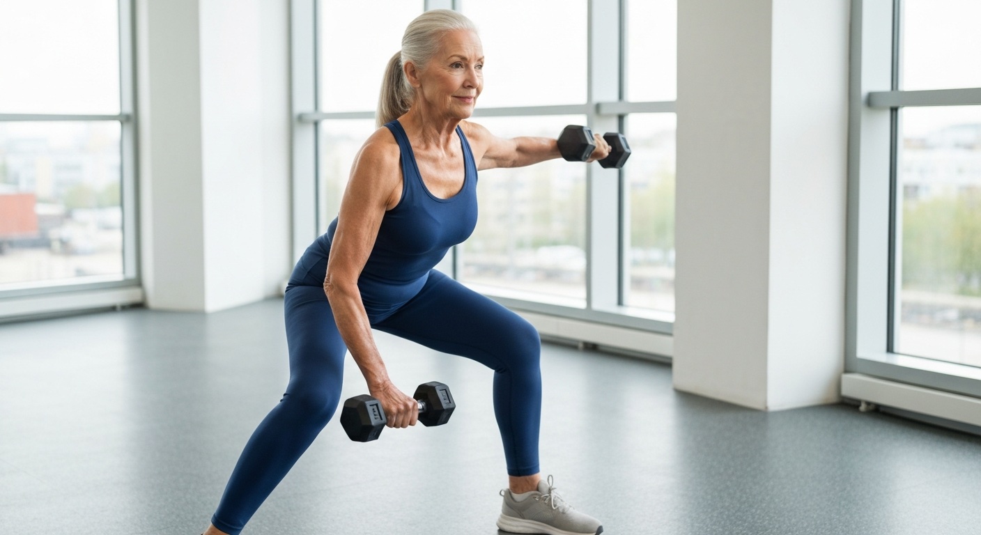 Oudere vrouw die krachttraining doet met dumbbells in een lichte sportschool