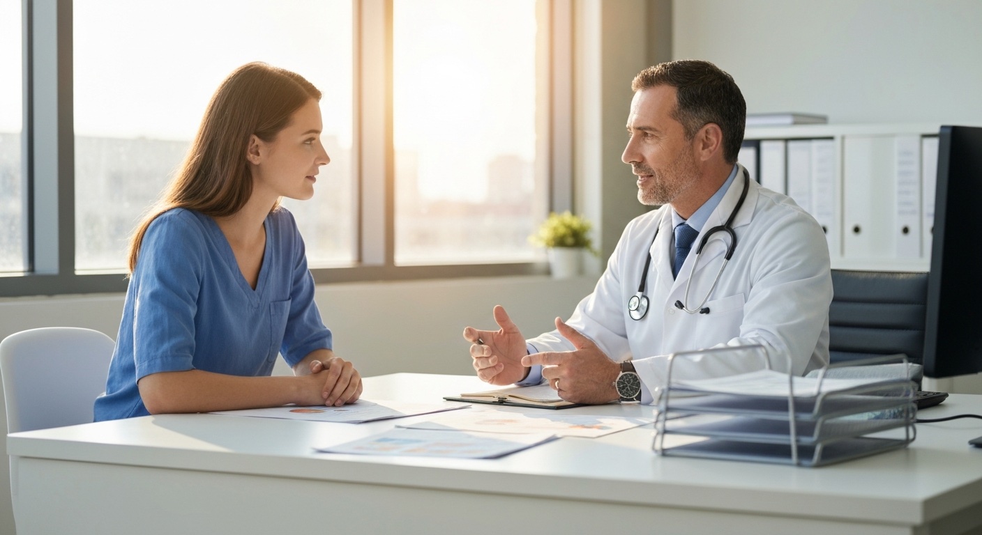 Arts en patiënt in gesprek aan een modern bureau met gezondheidsgrafieken
