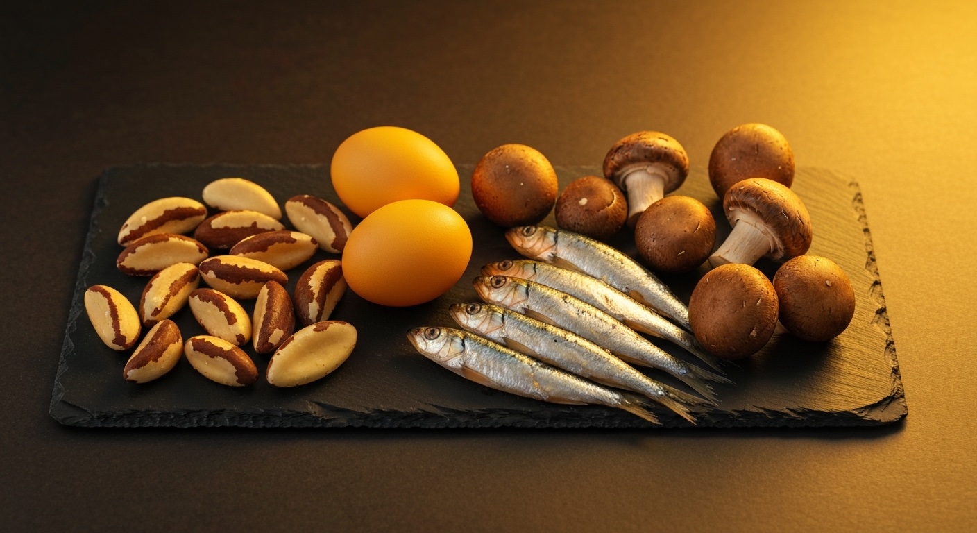 Paranoten, eieren, sardines en champignons op een donkere leisteen plank