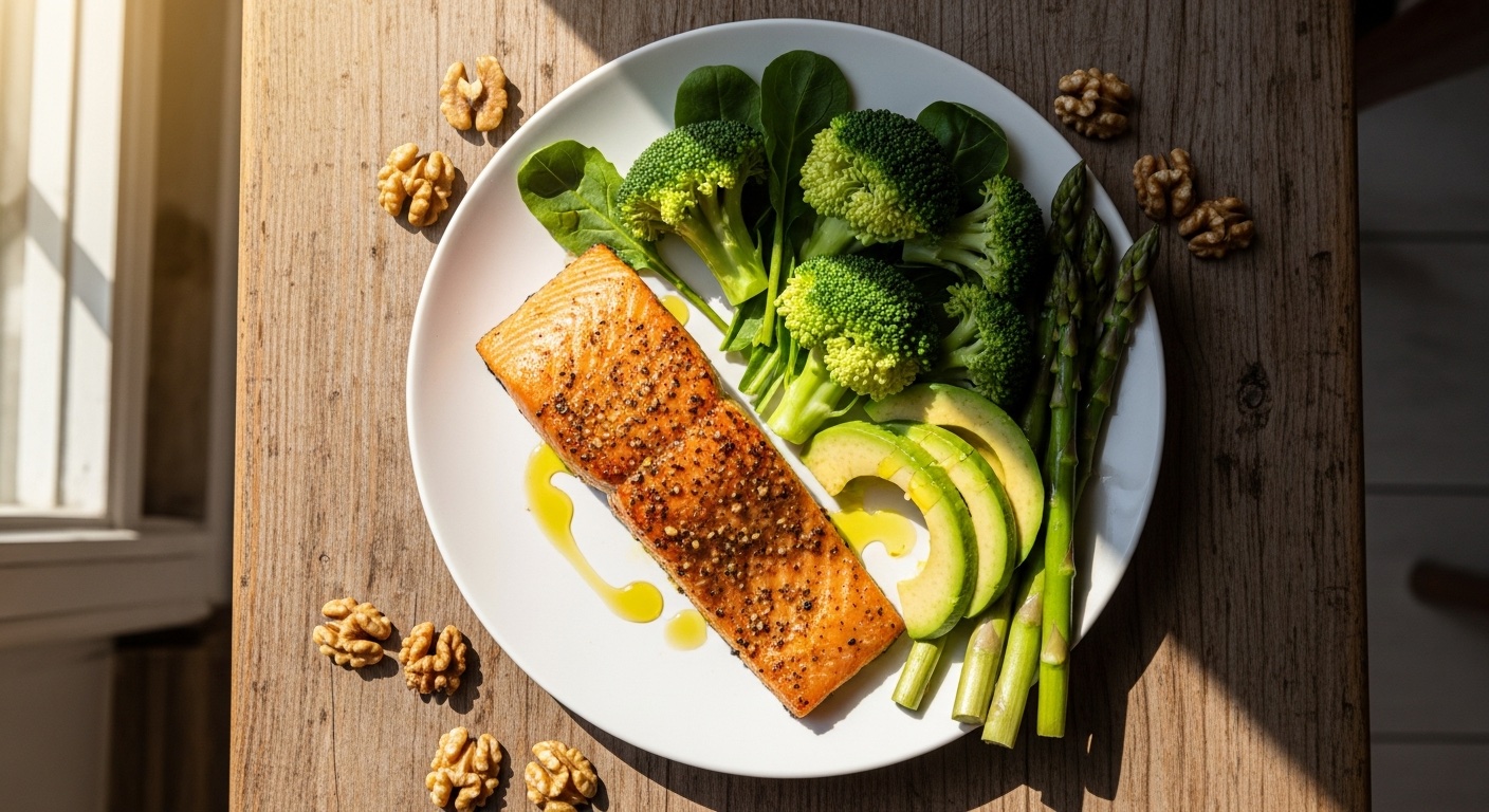 Bord met eiwitrijke maaltijd van zalm, groenten en avocado op een houten tafel