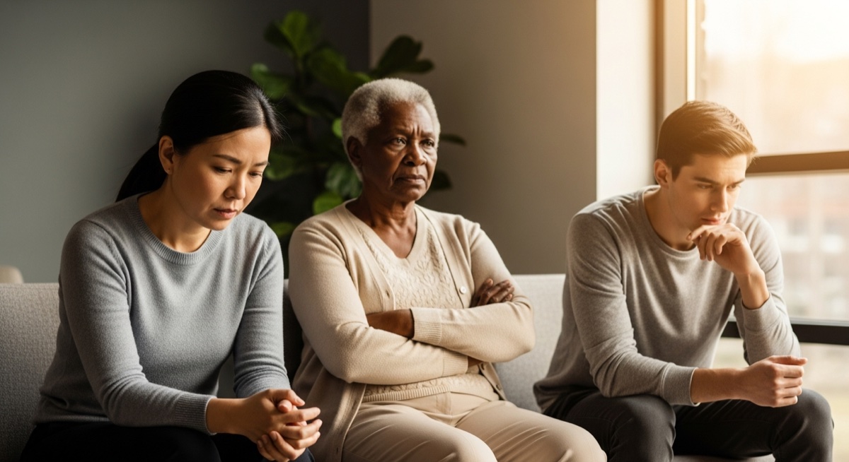 Drie mensen van verschillende leeftijden in een wachtkamer, elk met een eigen houding en uitdrukking