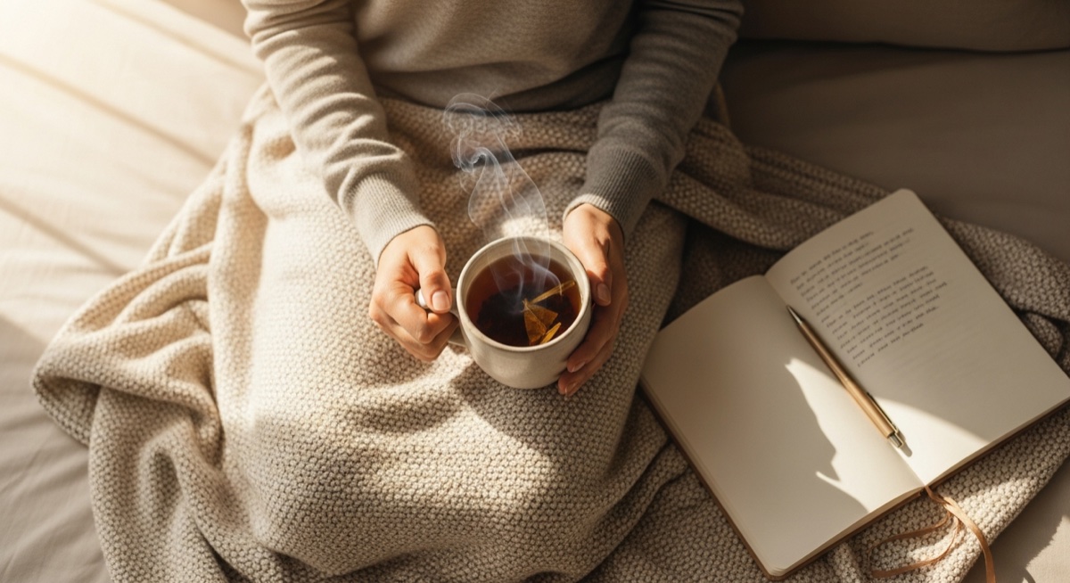 Ochtend herstelmoment met kopje kruidenthee, journal en zachte deken in warm ochtendlicht