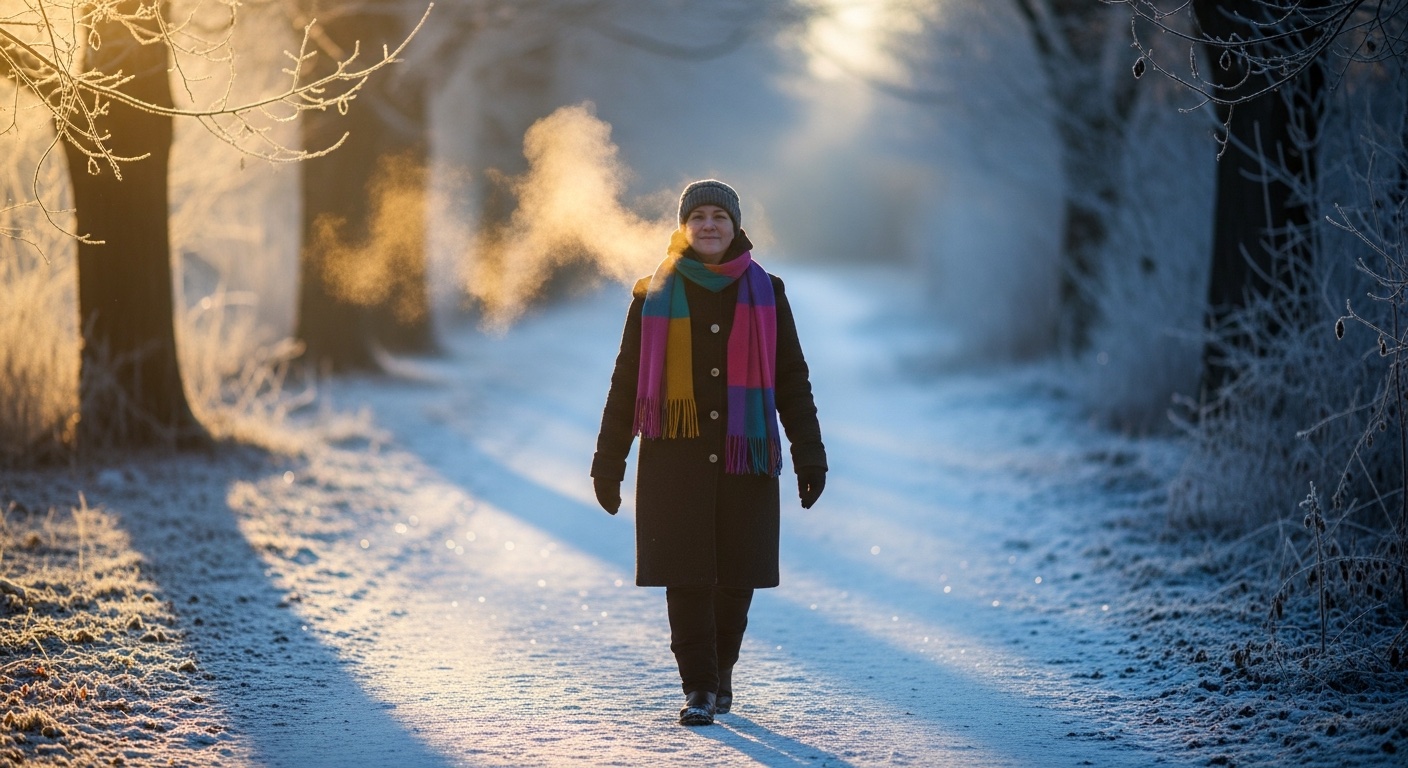 Persoon die op een winterochtend buiten wandelt in zacht ochtendlicht