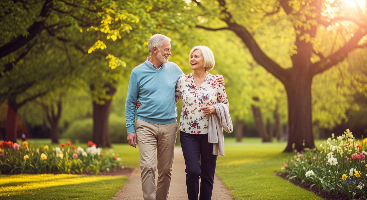 Vitaal ouder echtpaar dat samen wandelt in een groen park